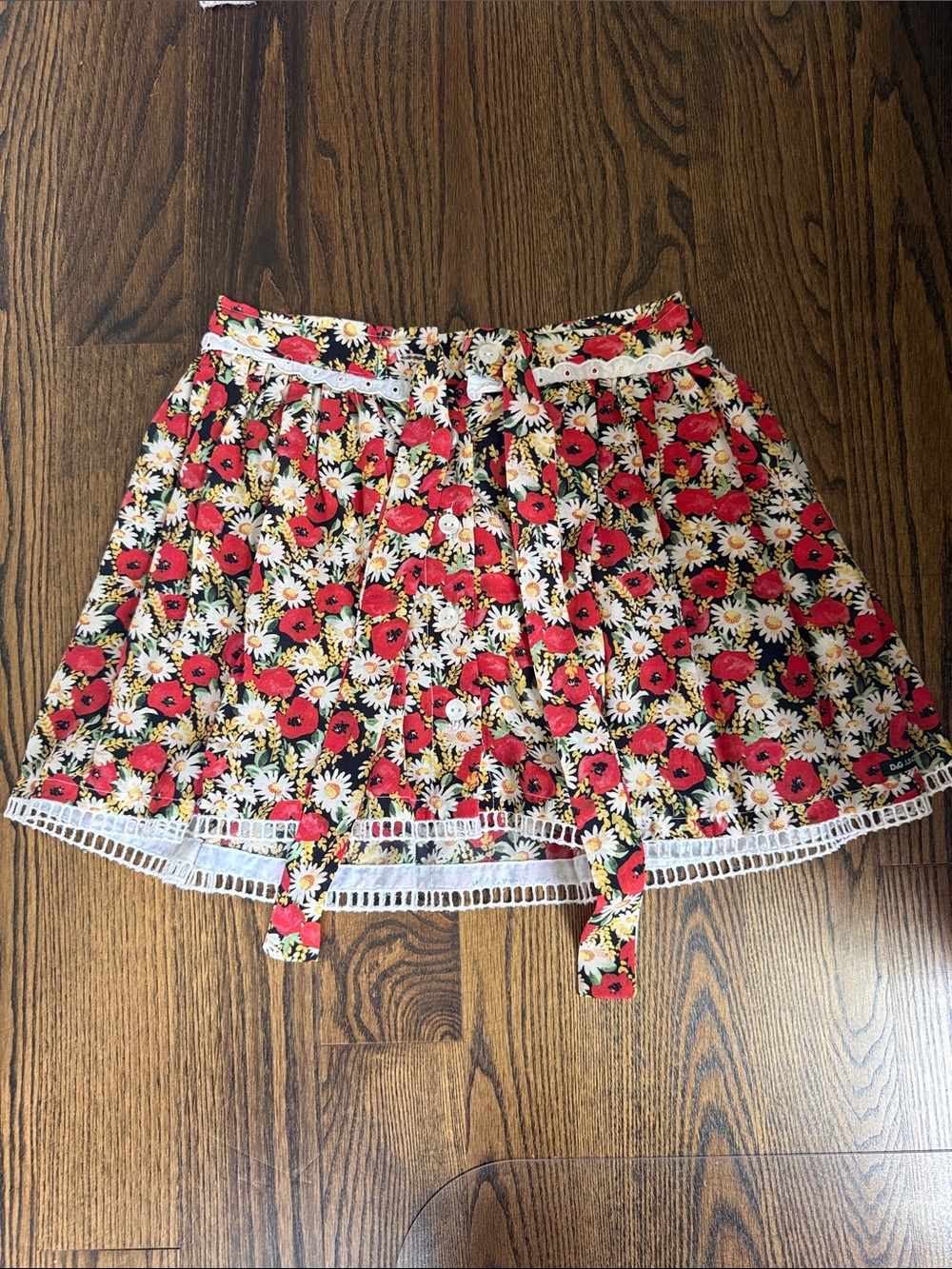 D&G Red Floral Circle Skirt with White Daisies